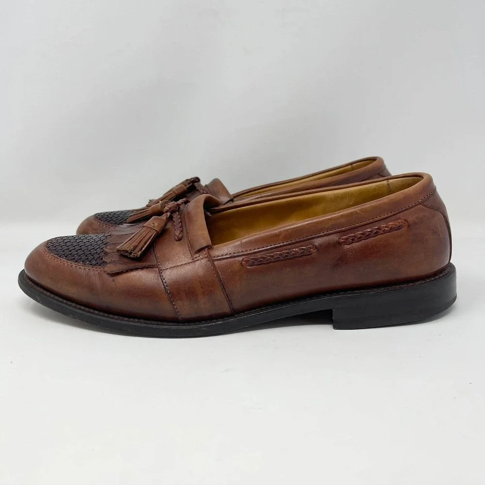 Allen Edmonds Cody Tassel Loafers Mens‎ 11 Brown Leather Woven Basketweave 1849